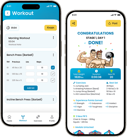 BUFF fitness app — workout tracking and progress screens